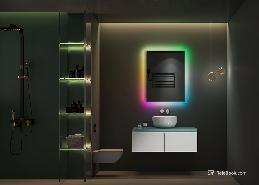 Modern Bathroom With Wall Mounted Vanity Colorful Backlit Mirror And Glass Shower 3d model 