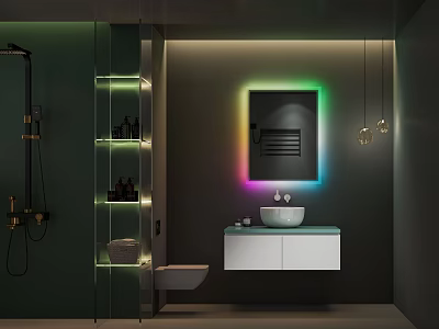 Modern Bathroom With Wall Mounted Vanity Colorful Backlit Mirror And Glass Shower 3d model
