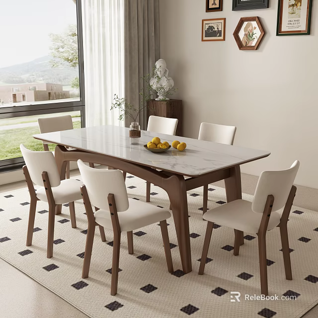 Modern Dining Table Set With Marble Top And Six White Chairs On Patterned Rug With Window View 3d model