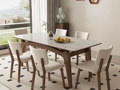 Modern Dining Table Set With Marble Top And Six White Chairs On Patterned Rug With Window View 3d model