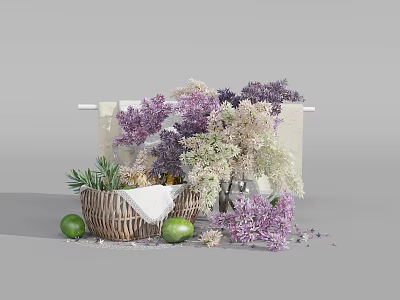 Lavender Flowers In Wicker Basket With Lemons Rosemary And Scattered Petals 3d model