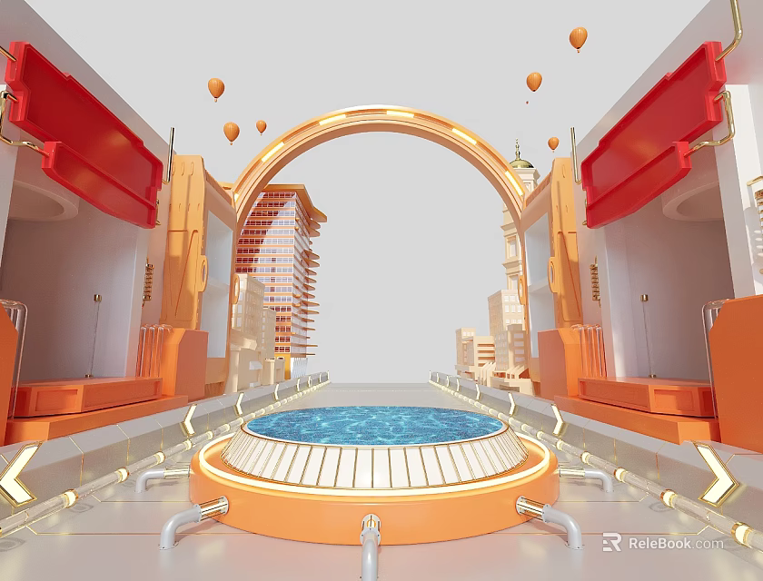 Modern Architectural Scene With Arched Doorway Circular Blue Pool Orange Structures And Balloons 3d model 