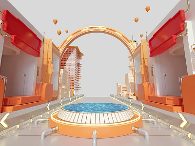 Modern Architectural Scene With Arched Doorway Circular Blue Pool Orange Structures And Balloons 3d model