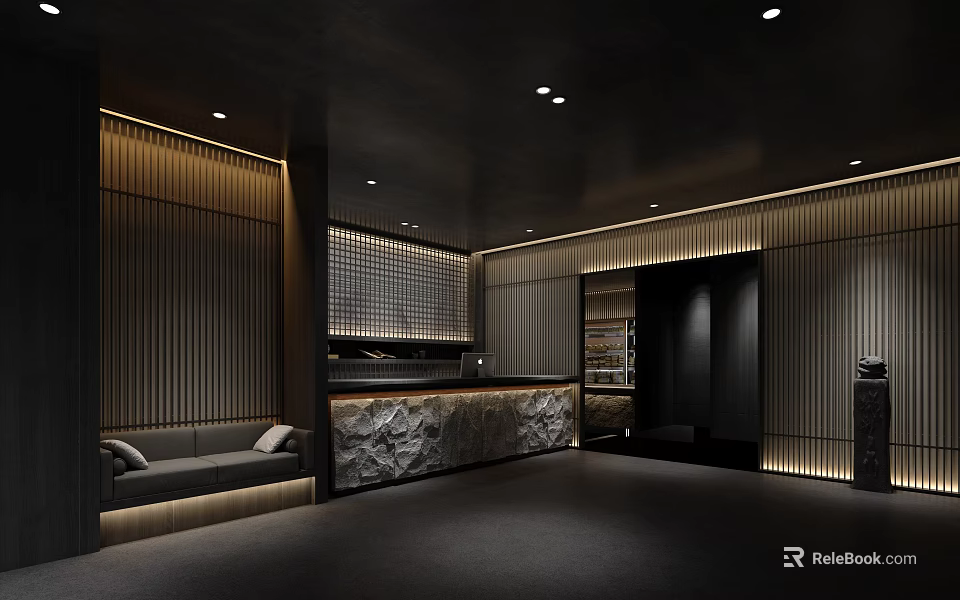 Modern Hotel Lobby Interior With Stone Reception Desk Wooden Panels And Ambient Lighting 3d model 