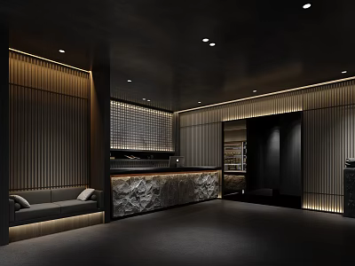 Modern Hotel Lobby Interior With Stone Reception Desk Wooden Panels And Ambient Lighting 3d model