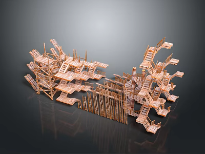 Intricate Wooden Structure Model With Interconnected Staircases Platforms Frames And Maze Design 3d model