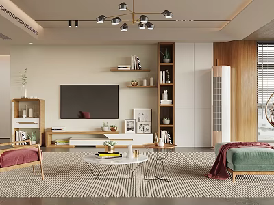 Modern Living Room Interior With Sofa Coffee Table TV Bookshelf Rug And Pendant Lights 3d model