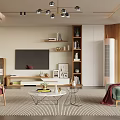 Modern Living Room Interior With Sofa Coffee Table TV Bookshelf Rug And Pendant Lights