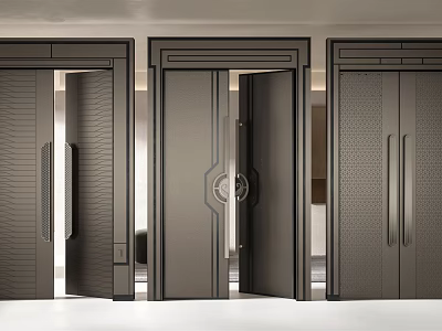 Modern Double Doors With Dark Finish Textured Panels And Decorative Handles 3d model