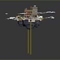 Cartoon Style Floating City Scene With Buildings Taxi Shops And Clouds
