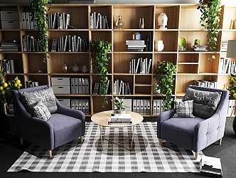 Nordic Casual Sofa Combination Bookshelf Single Chair Sofa Chair Bookcase Green Plant Decoration Coffee Table 3d model