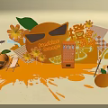 Vibrant Orange Themed Scene with Juice Vending Machine Sunshade Deck Chair and Slices