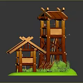 3D Model Wooden Tower And Cabin With Green Grass Brown Path And Fence