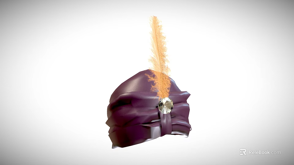 Elegant Purple Hat With Ruffled Design Orange Feather And Crystal Accent 3d model 