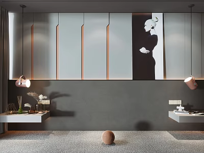 Modern Luxury Bathroom Feature Wall With Grey Panel Copper Lines And Female Silhouette 3d model