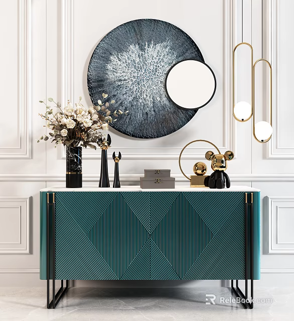 Green Geometric Console Table With Blue Textured Painting Gold Pendant Lights And Decorative Items 3d model 
