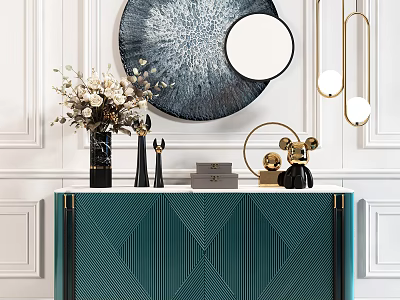 Green Geometric Console Table With Blue Textured Painting Gold Pendant Lights And Decorative Items 3d model