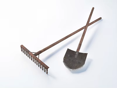 Vintage Agricultural Equipment Rake And Shovel Crossed On White Background 3d model