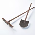 Vintage Agricultural Equipment Rake And Shovel Crossed On White Background