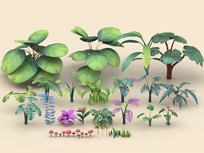Diverse Green Plants And Flowers Collection With Various Leaf Shapes And Small Mushrooms 3d model