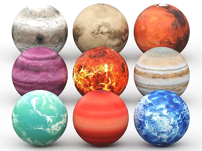 Colorful Planetary Spheres Arranged in Rows with Diverse Surface Textures and Hues 3d model