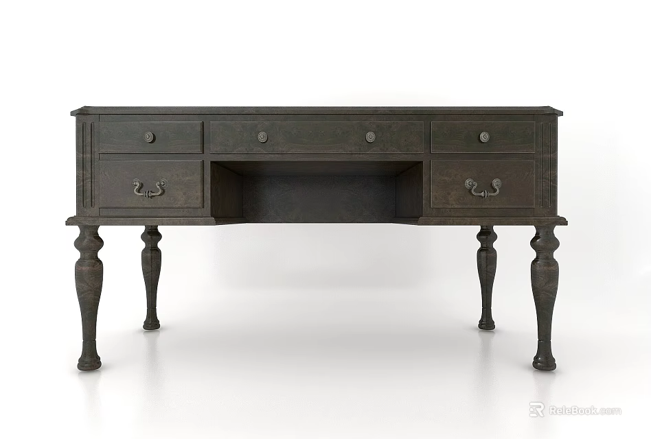 Traditional Dark Wood Desk With Carved Legs And Decorative Drawer Handles 3d model 