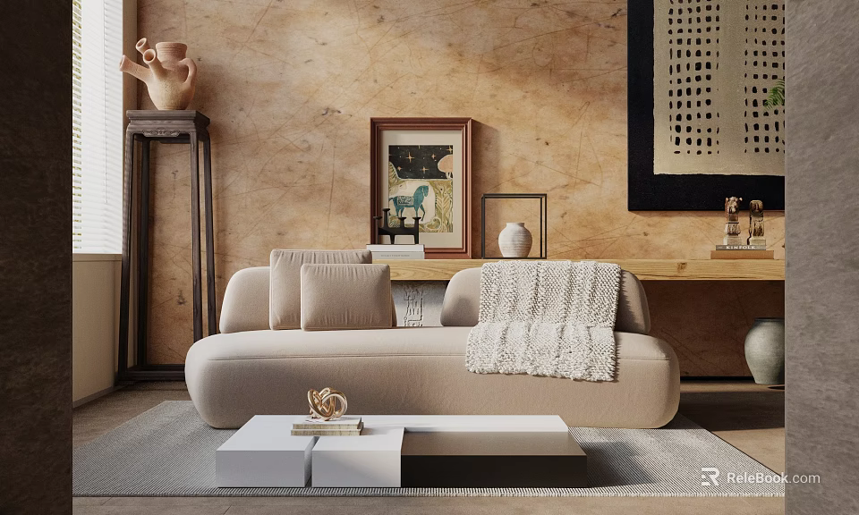 Beige Sectional Sofa With Cushions Throw Blanket Textured Wall And Coffee Table 3d model 