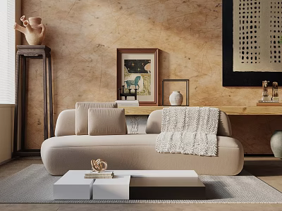 Beige Sectional Sofa With Cushions Throw Blanket Textured Wall And Coffee Table 3d model