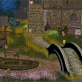 Charming Cartoon Scene With Stone House Well Wooden Boat Stone Bridge And Little Chicks