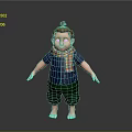 Cartoon Boy Design With Brown Hair Topknot Colorful Plaid Scarf Blue Shirt Green Shorts Barefoot