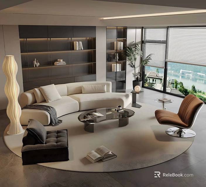 Modern Living Room Interior Design With Sofa Coffee Table Floor Lamp Bookshelf And Plant 3d model 