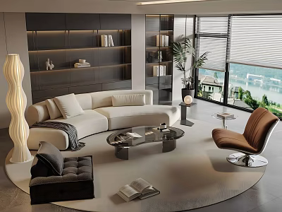 Modern Living Room Interior Design With Sofa Coffee Table Floor Lamp Bookshelf And Plant 3d model