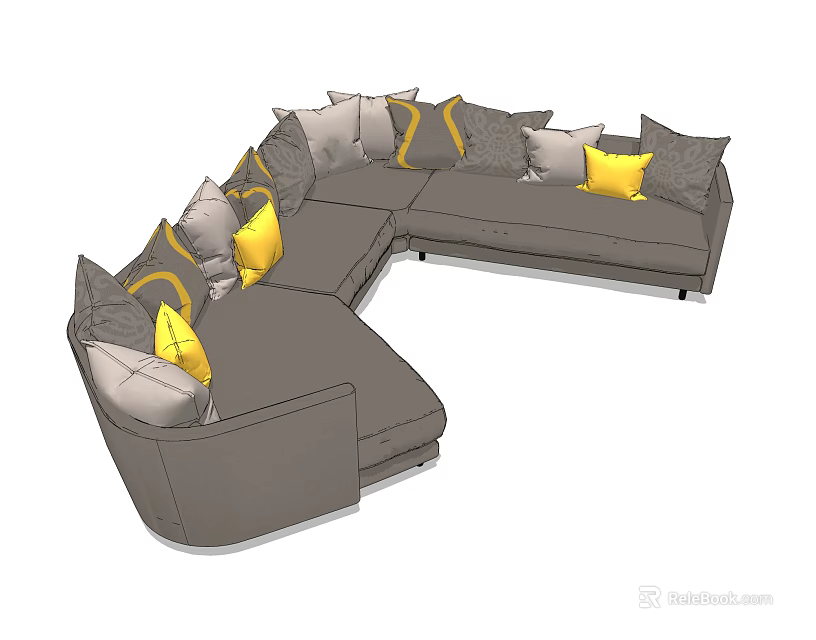 Modern Gray Sectional Sofa With Multiple Cushions And Yellow Accent Pillows 3d model