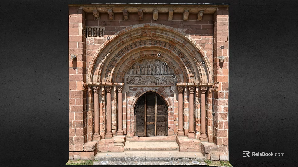 Romanesque Entrance Gate With Red Brick Structure Carved Archway Stone Columns And Wooden Doors 3d model 