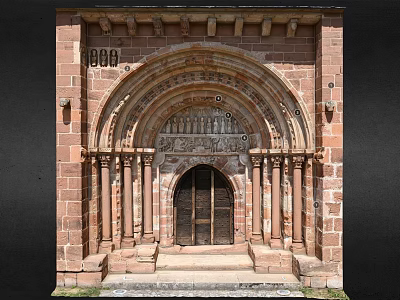 Romanesque Entrance Gate With Red Brick Structure Carved Archway Stone Columns And Wooden Doors 3d model