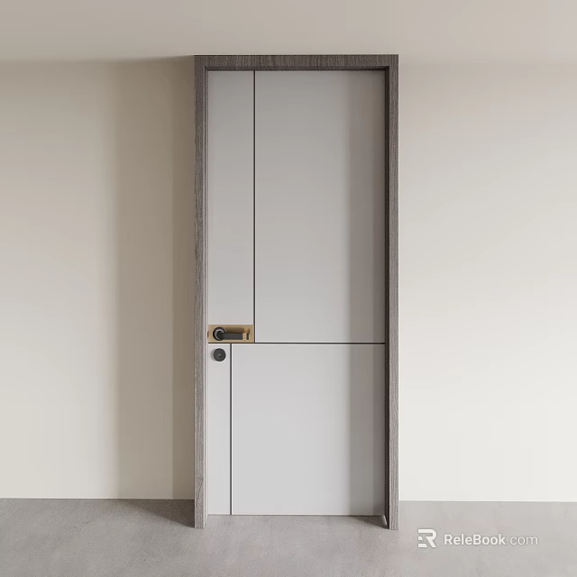 Modern Interior Hinged Door With Light Gray Panel Wooden Frame And Golden Lock 3d model 