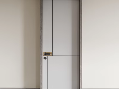Modern Interior Hinged Door With Light Gray Panel Wooden Frame And Golden Lock 3d model