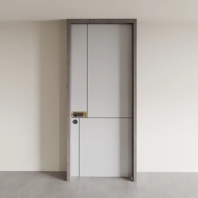 Modern Interior Hinged Door With Light Gray Panel Wooden Frame And Golden Lock 3d model