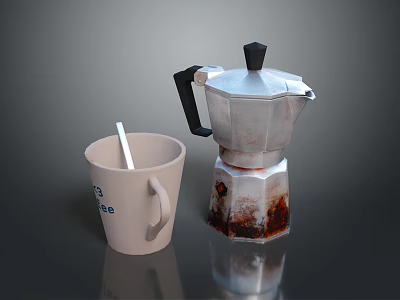 Daily Life Essentials Ceramic Coffee Mug With Stirrer And Rustic Moka Pot 3d model