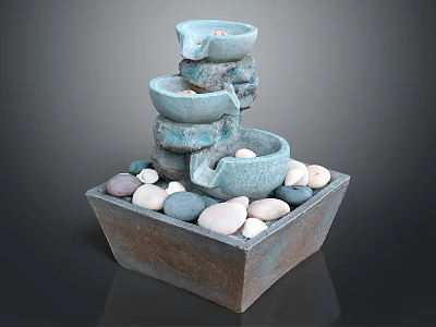 Natural Decorative Water Fountain With Tiered Bowls Square Base And Smooth Pebbles 3d model