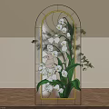 Stained Glass Casement Window with White Flowers Green Leaves and Brown Curtains