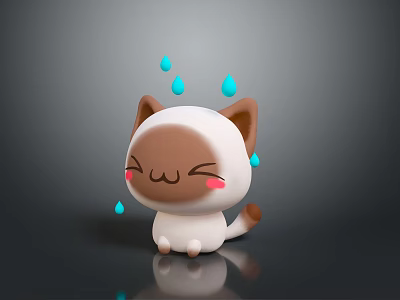 Cute Cartoon Cat With White And Brown Fur Blushing Cheeks And Blue Droplets 3d model