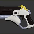 Futuristic Sci Fi Handgun with White Yellow Color Accents Ergonomic Grip and Streamlined Design