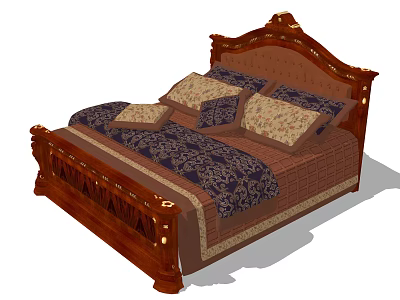 Classic Wooden Double Bed With Carved Headboard And Patterned Bedspread 3d model