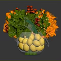 Colorful Flower Arrangement With Green Leaves Orange Blooms And Red Berries In Silver Vase