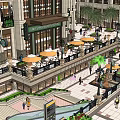 Vibrant Commercial Street With Pedestrians Outdoor Seating Umbrellas Palm Trees And Stylish Buildings