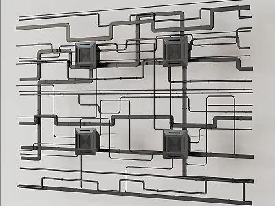 Black Metal Pipes With Square Junction Boxes Arranged In Grid Pattern On Wall 3d model