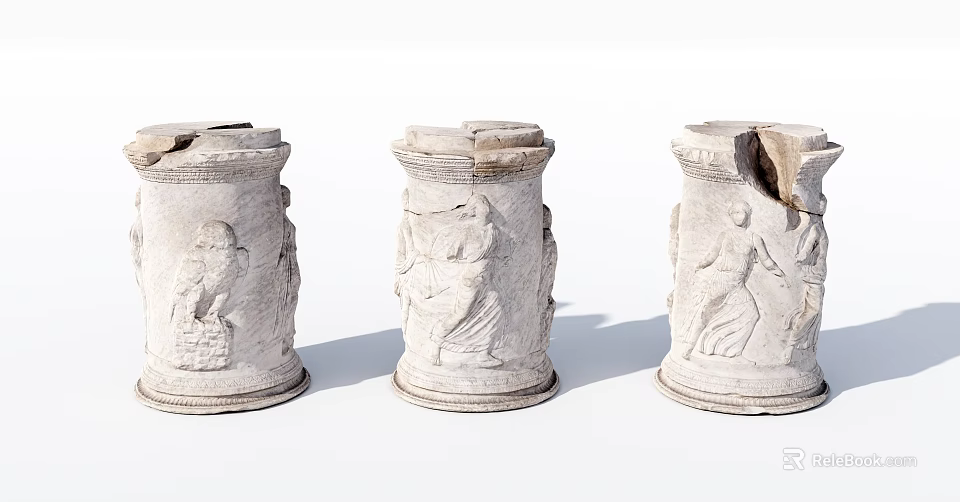 Ancient Classical Carved Columns With Broken Relief Designs And Intricate Details 3d model 