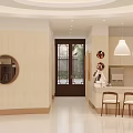 Chinese Style Hotel Lobby With Circular Reception Desk Patterned Lattice Backdrop And Wooden Chairs