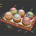 Delicious Swedish Desserts with Flags on Wooden Tray Topped with Powdered Sugar and Green Crumbs
